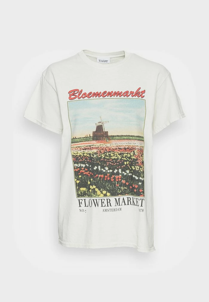 REGULAR FIT WITH VINTAGE FLOWER MARKET GRAPHIC - Print T-shirt - off white