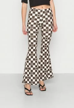 Vintage Supply STRETCH FLARES IN CHECKERBOARD PRINT - Trousers - Brown/off White